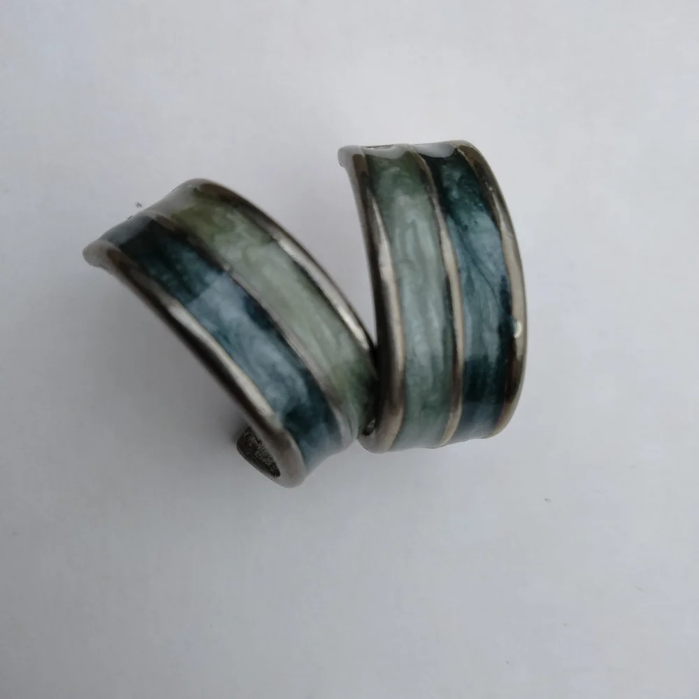 Vintage Green Enameled Half Hoop Earrings Pierced Silver Tone